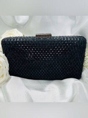 Black Beaded Clutch Bag Gold Chain Evening Wedding Formal NWT
